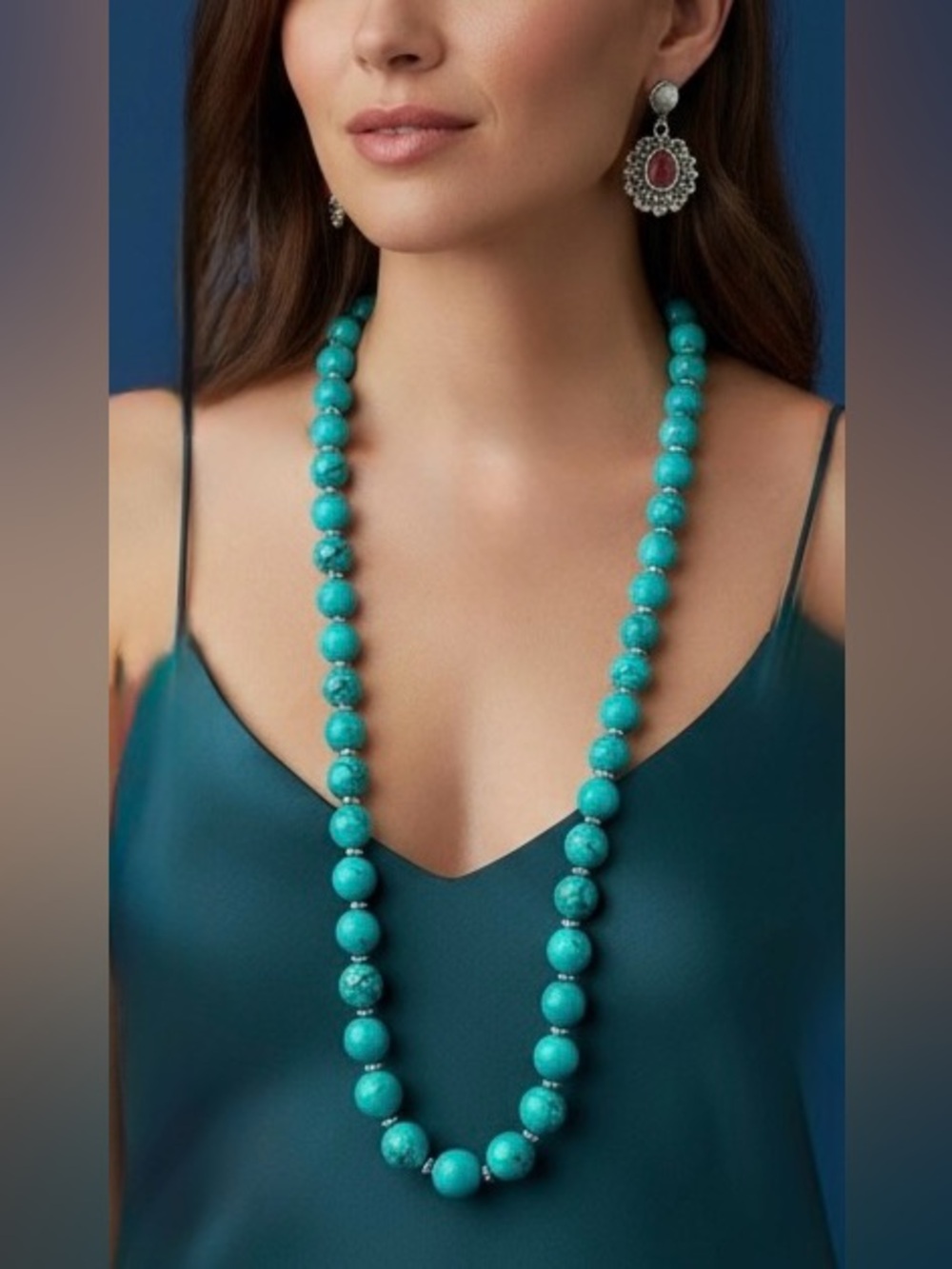 Vintage Graduated Turquoise Howlite & Crystal Pave Statement Necklace | Long Con